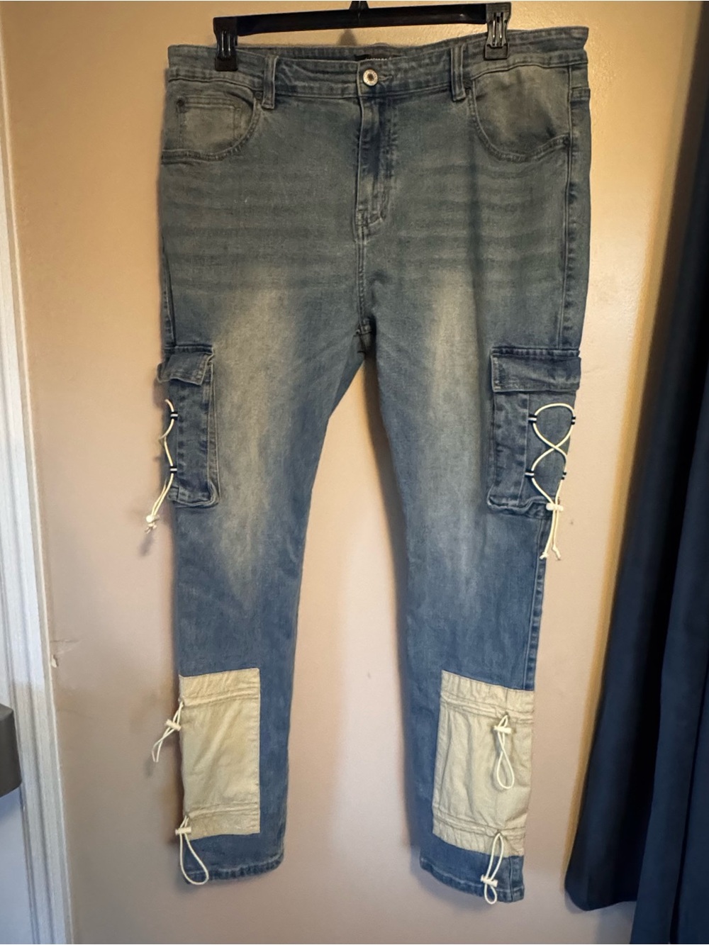 Serenede Light Blue Denim Ankle Cargo Jeans with Cream Patch Accents